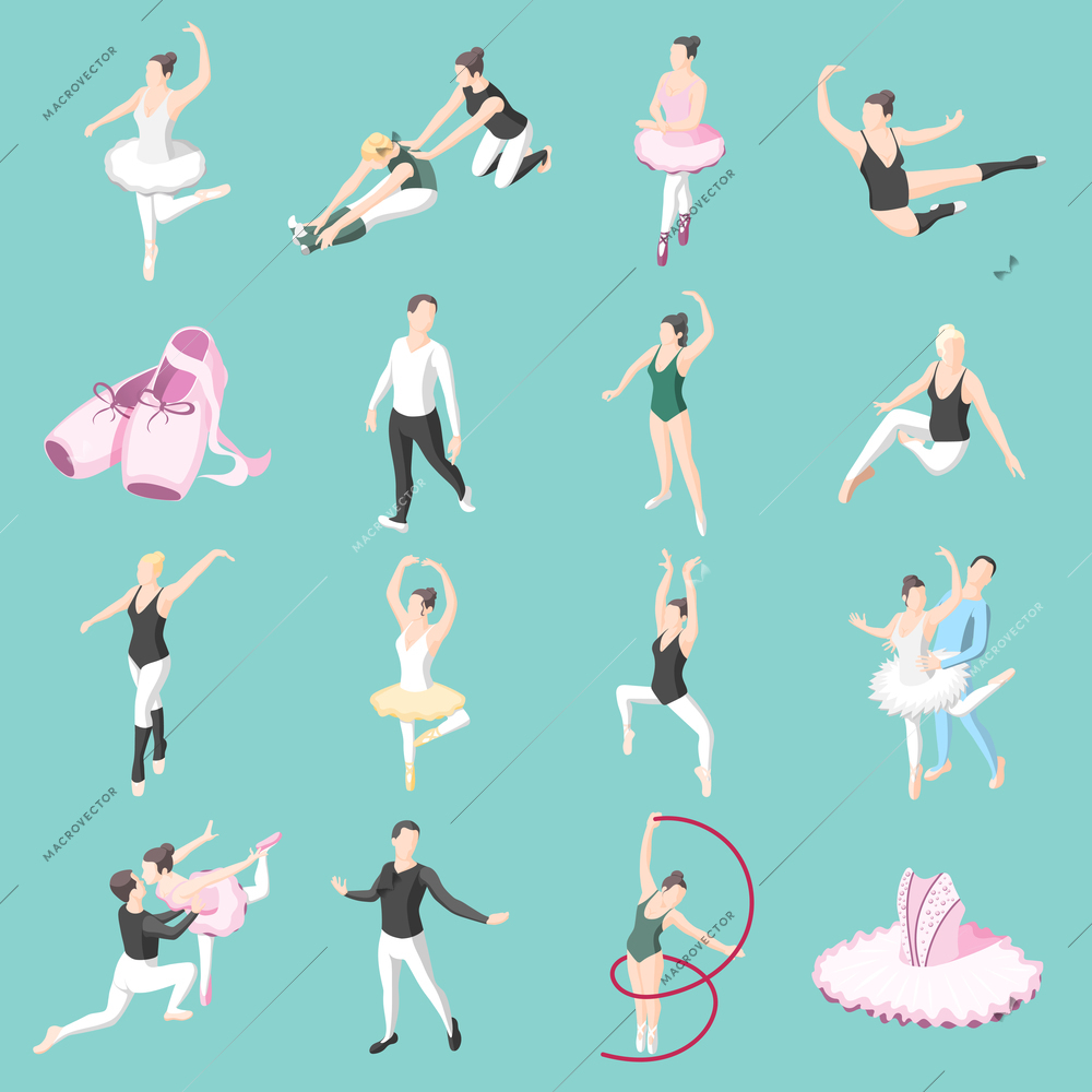 Ballet isometric icons set of dancer couples ballerinas in dancing poses and doing training exercises isolated vector illustration