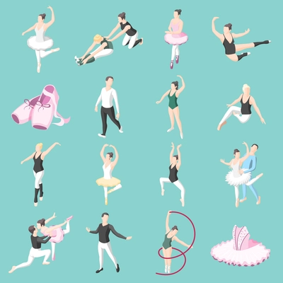 Ballet isometric icons set of dancer couples ballerinas in dancing poses and doing training exercises isolated vector illustration