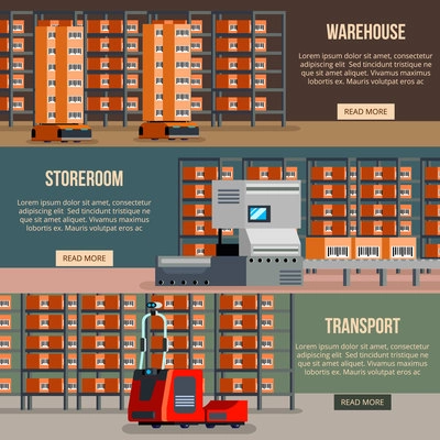 Warehouse robots set of horizontal flat banners automatic devices for cargo sorting and transportation isolated vector illustration