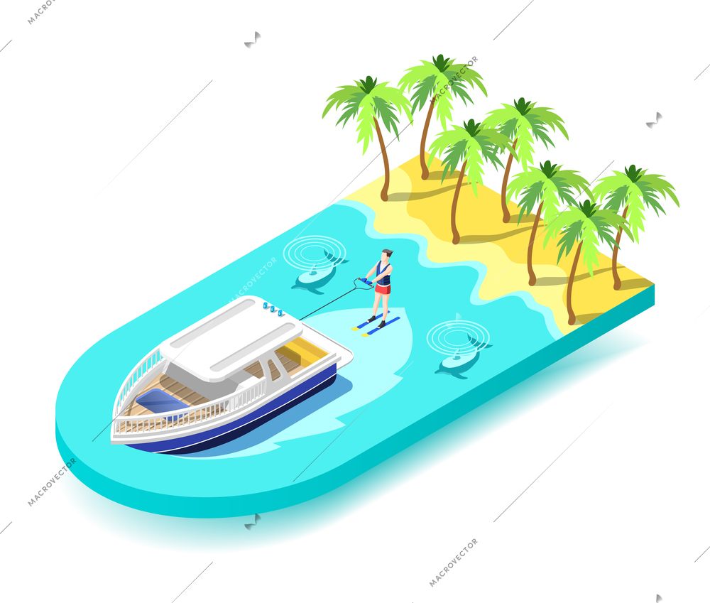 Water sport activity isometric composition with young athletic on vacation riding water ski in tropical sea vector illustration