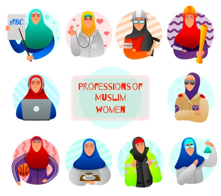 Set of flat icons professions of muslim women teacher doctor military builder and scientist isolated vector illustration