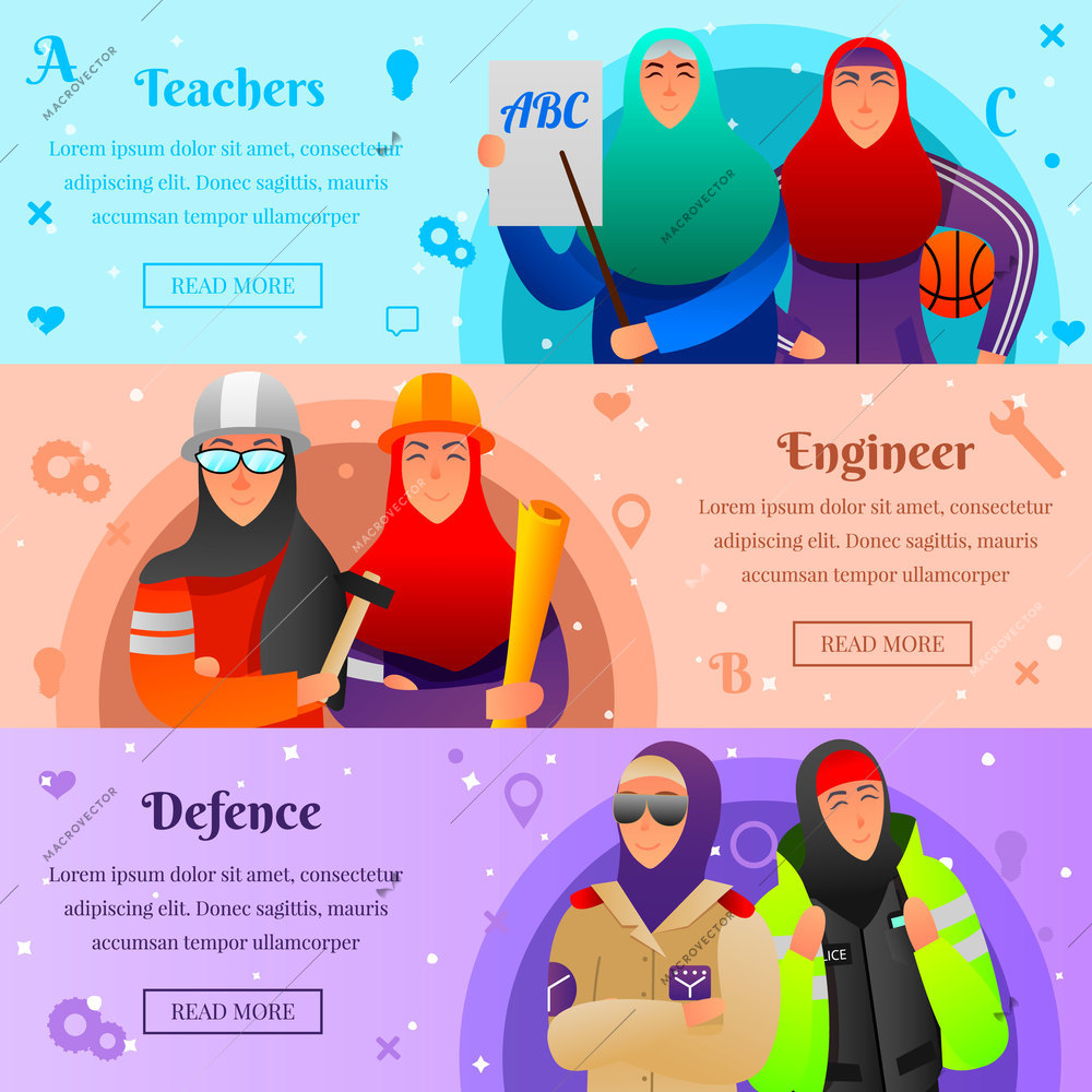 Set of horizontal flat banners with professions of muslim women on colorful background isolated vector illustration