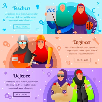 Set of horizontal flat banners with professions of muslim women on colorful background isolated vector illustration