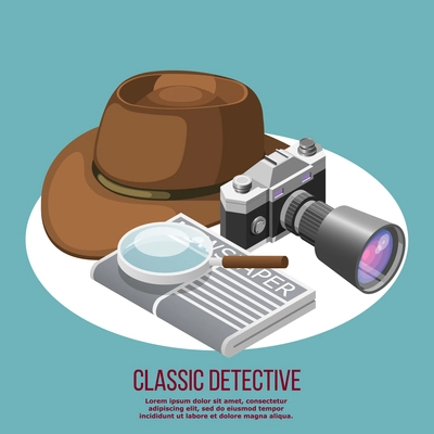 Classic detective isometric retro composition composed from felt hat newspaper loupe and camera with professional objective lens vector illustration