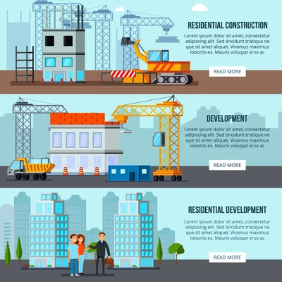 Set of flat horizontal banners sky scraper construction building site and residential development isolated vector illustration