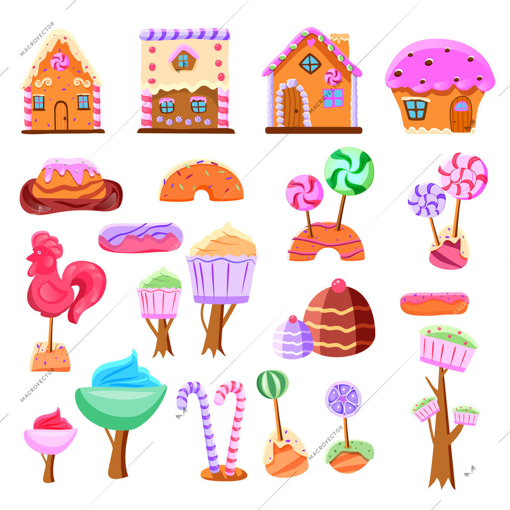 Fairy tale candy land set of flat icons gaming interface elements from various sweets isolated vector illustration