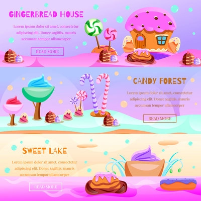 Set of flat horizontal banners fairy tale candy land on colorful background isolated vector illustration