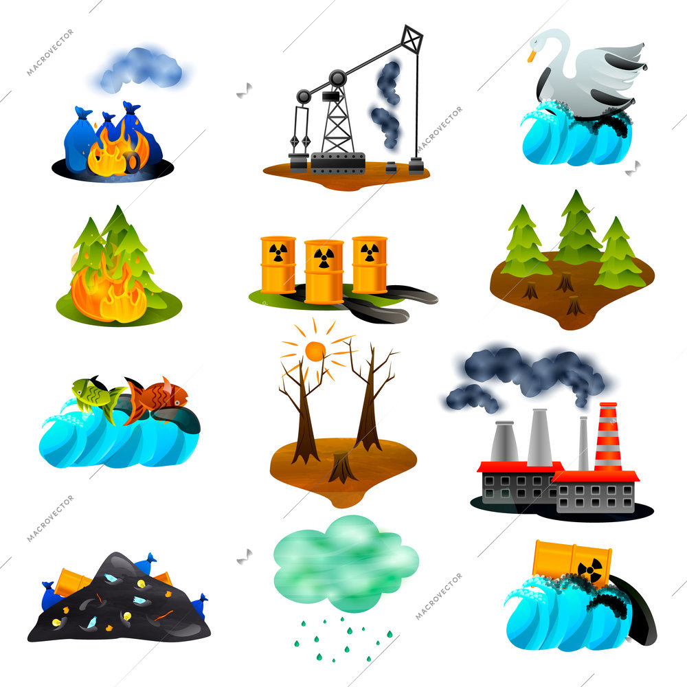 Ecological problems set of flat icons with air and ocean pollution toxic waste deforestation isolated vector illustration