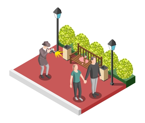 Private detective isometric design concept with man in hat watching for lovers pair and taking compromising photos vector illustration