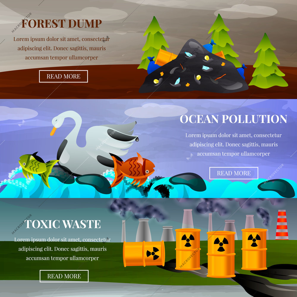 Ecological problems forest dump ocean pollution and toxic waste set of flat horizontal banners isolated vector illustration