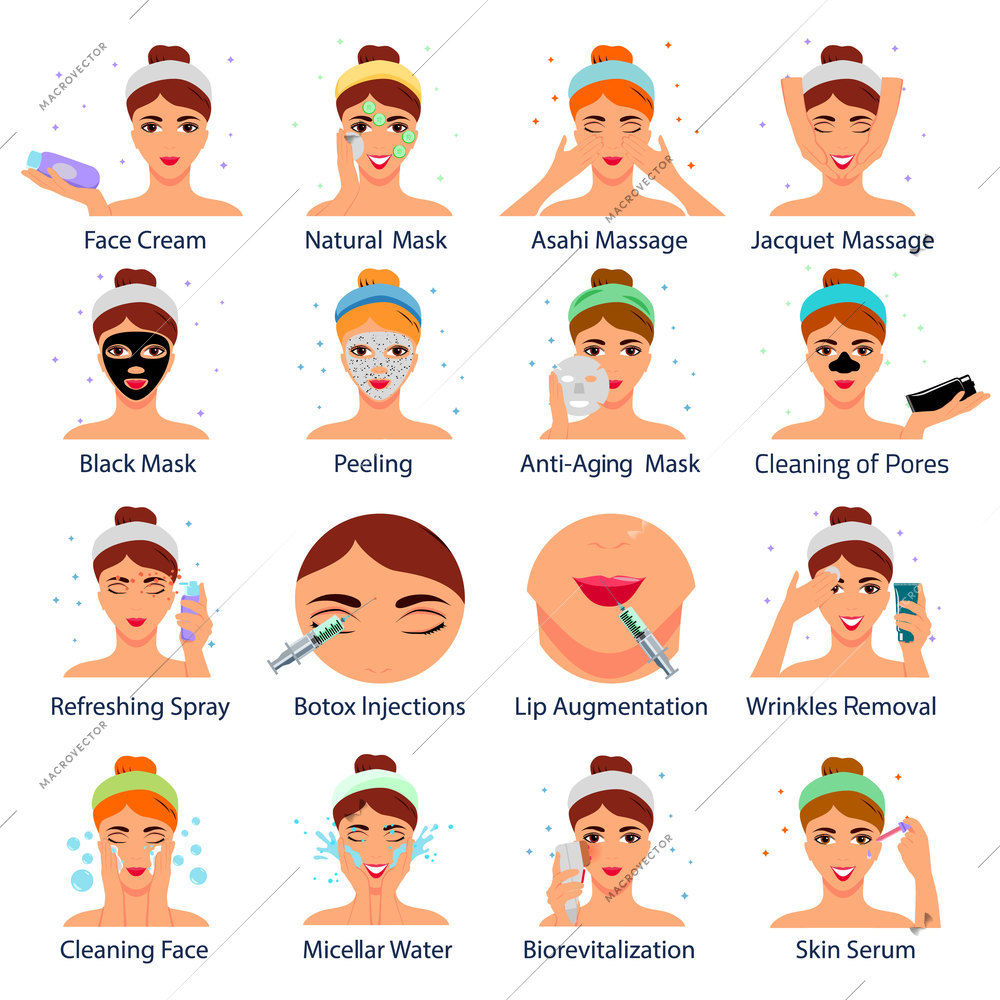 Beauty salon set of flat icons with female faces during cosmetic procedures isolated vector illustration