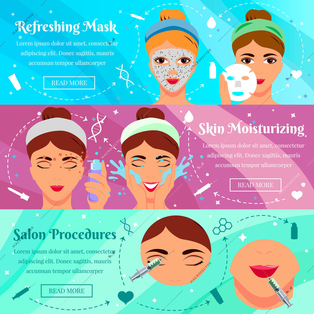 Set of flat horizontal banners cosmetic face masks and procedures of beauty salon isolated vector illustration