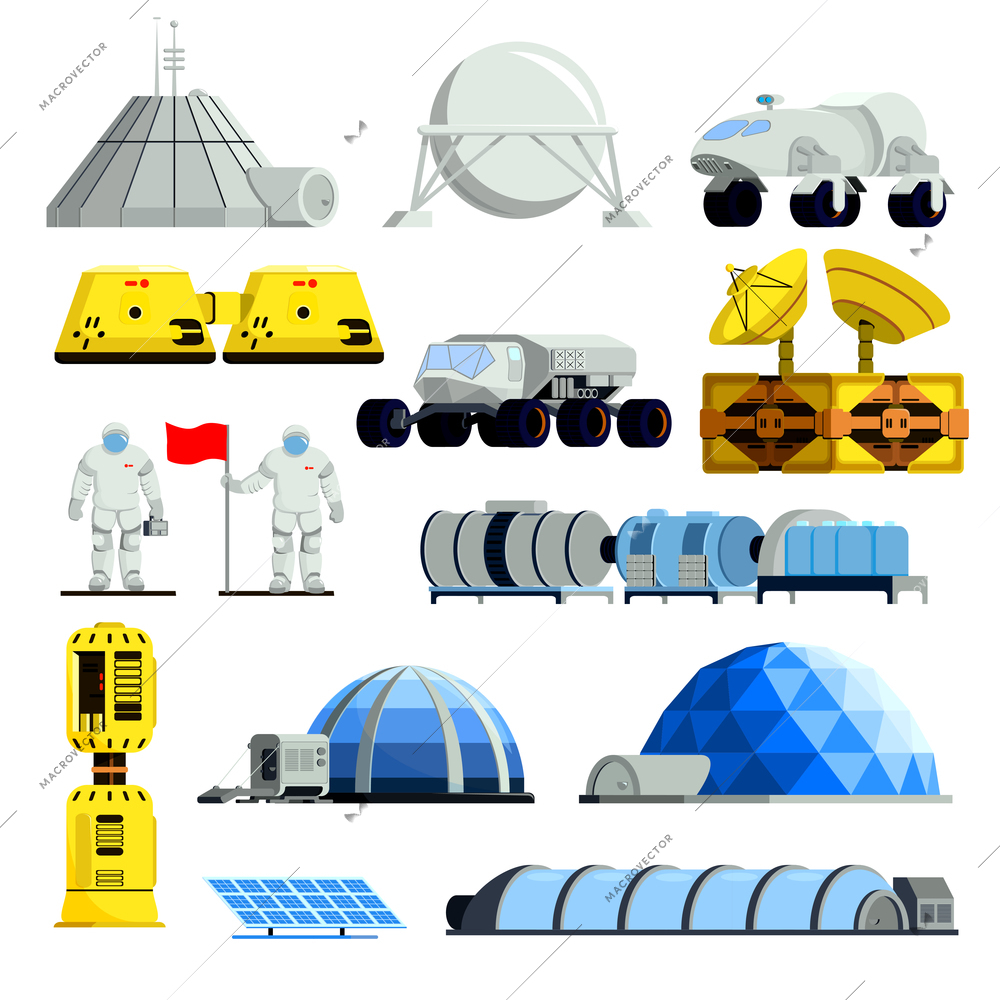 Spacemen with flag and equipment for planet colonization set of flat icons isolated vector illustration