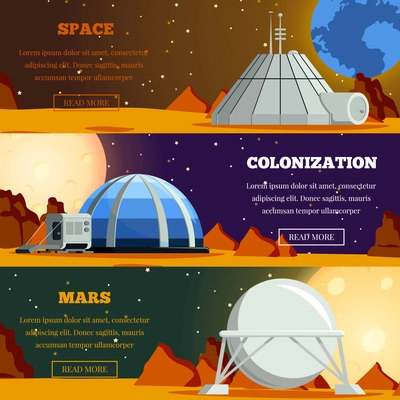 Set of flat horizontal banners with  planet colonization terraforming of mars and space exploration isolated vector illustration