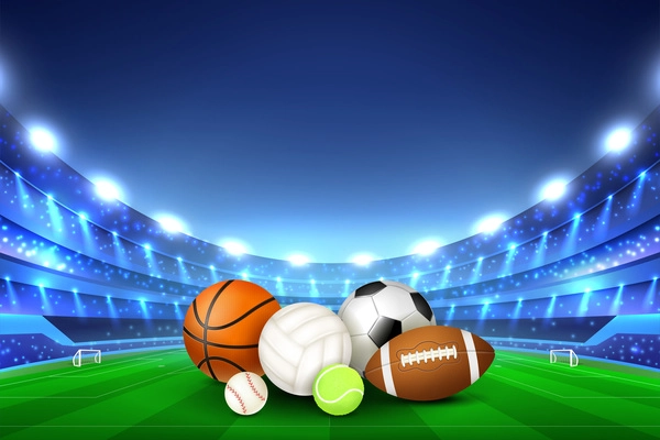 Balls for different team sport games collected in center of stadium playing field and tribunes illumined by floodlights realistic vector illustration