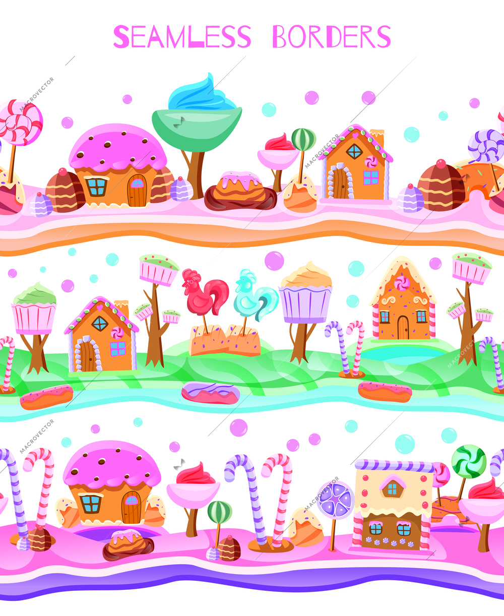 Fairy tale candy land with lollipops trees from cupcakes sweet houses flat seamless border vector illustration