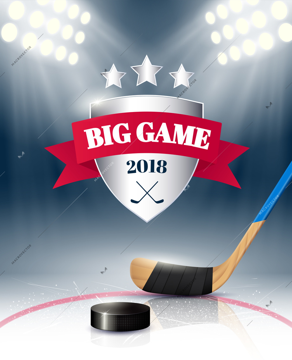 Big sport game poster realistic with hockey stick and puck on stadium ice illumined by spotlights vector illustration