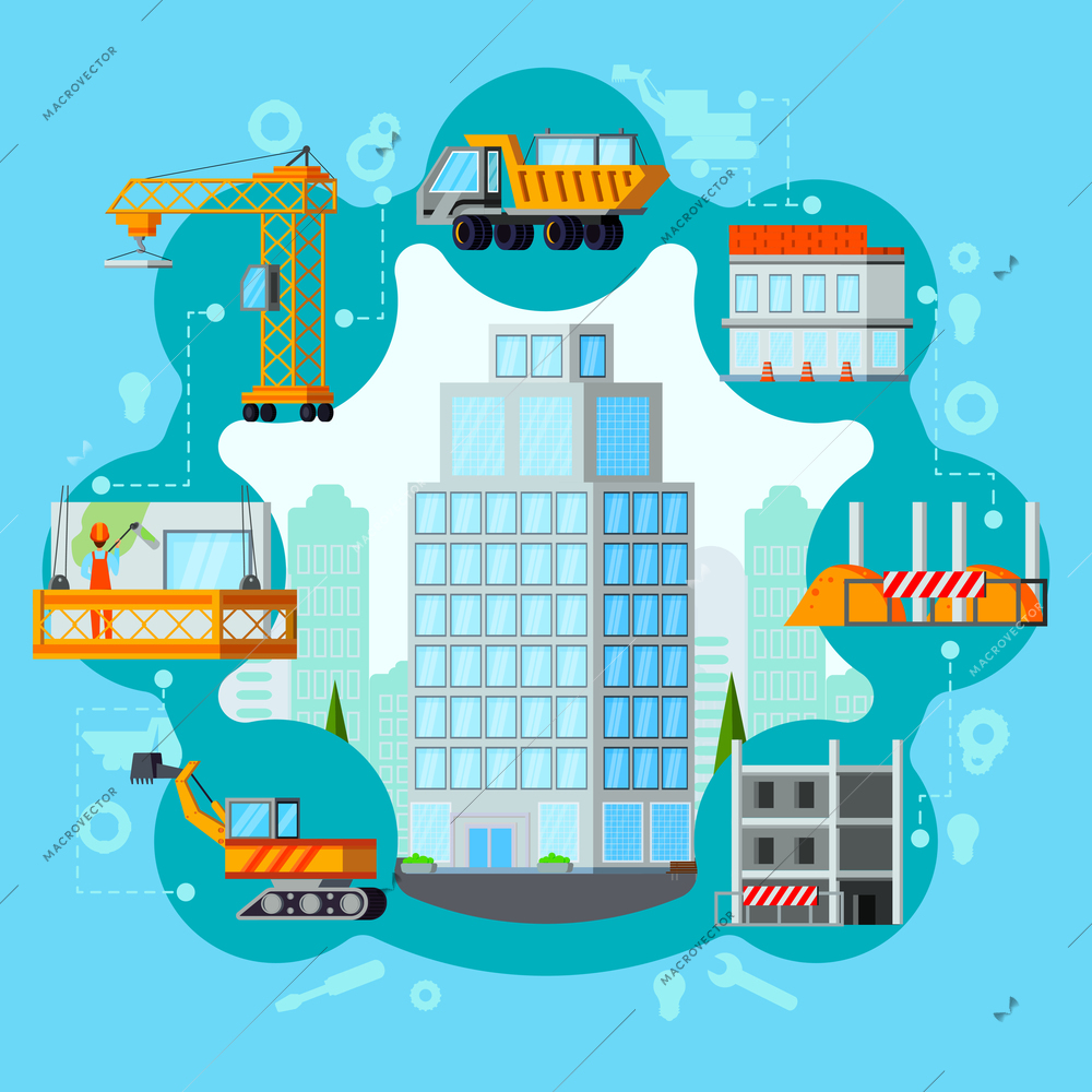 Sky scraper building process from excavation to ready house flat round composition on blue background vector illustration