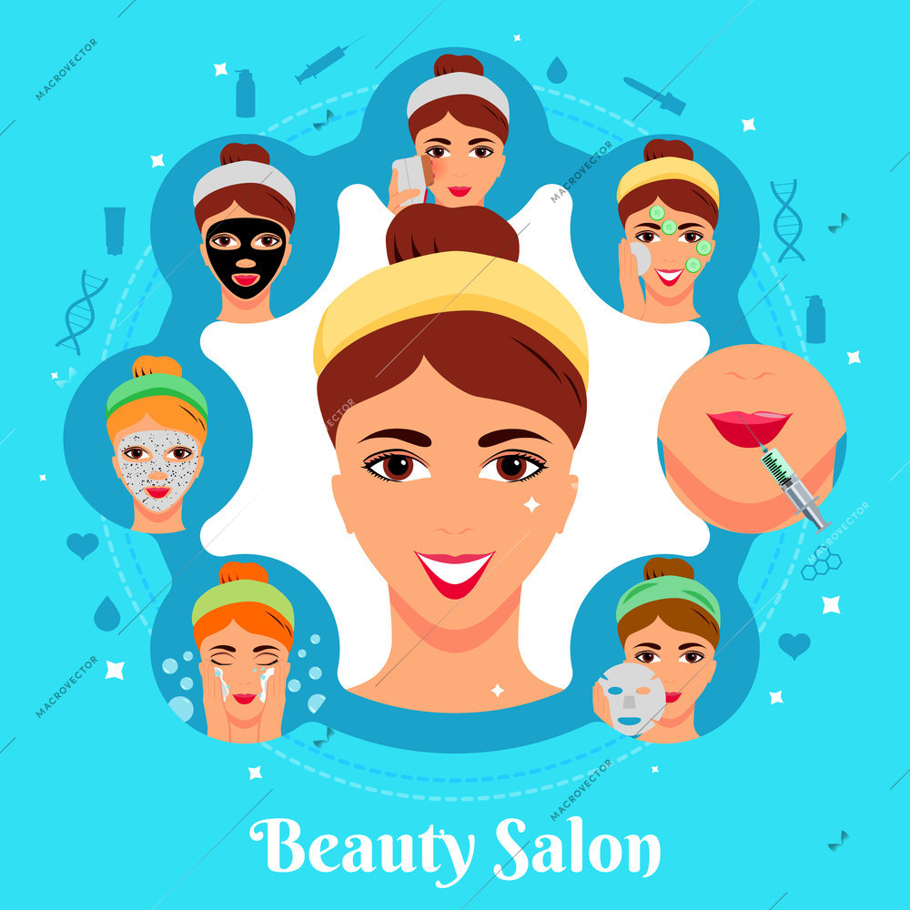 Cosmetic procedures of beauty salon for woman face care flat round composition on blue background vector illustration