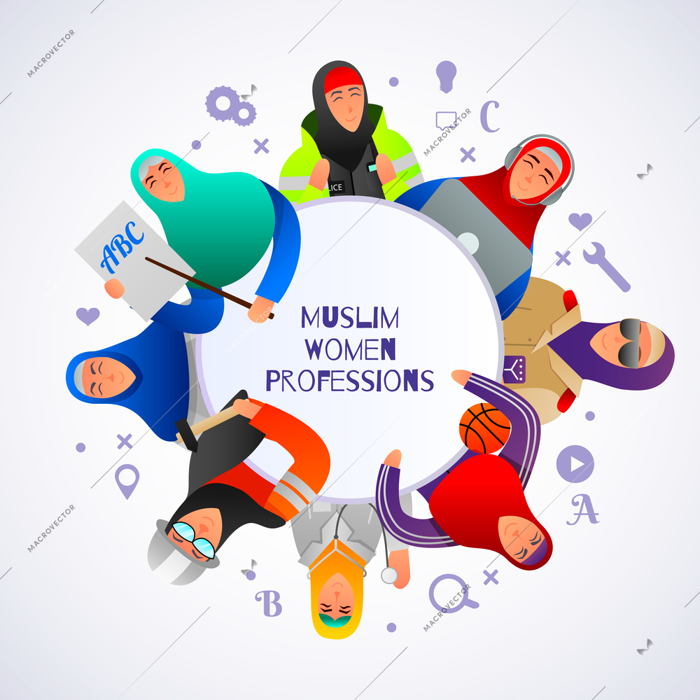 Professions of muslim women decorative round frame on white background vector illustration