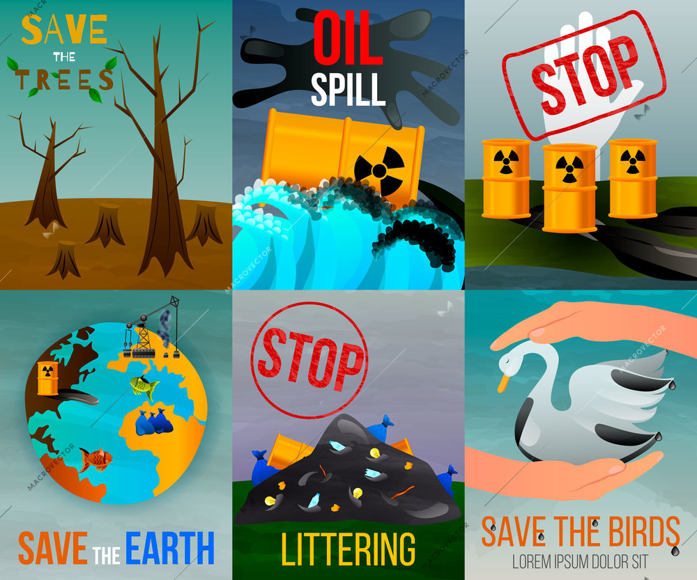 Ecological problems flat vertical cards with saving of earth resources and environmental disasters isolated vector illustration