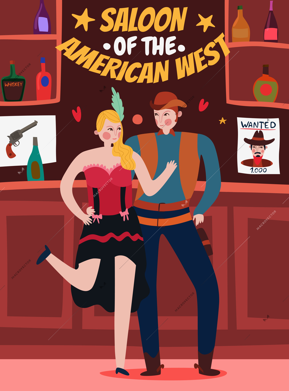 Wild west cowboy composition of flat human characters and vintage scenery of indoor pub bar interior vector illustration