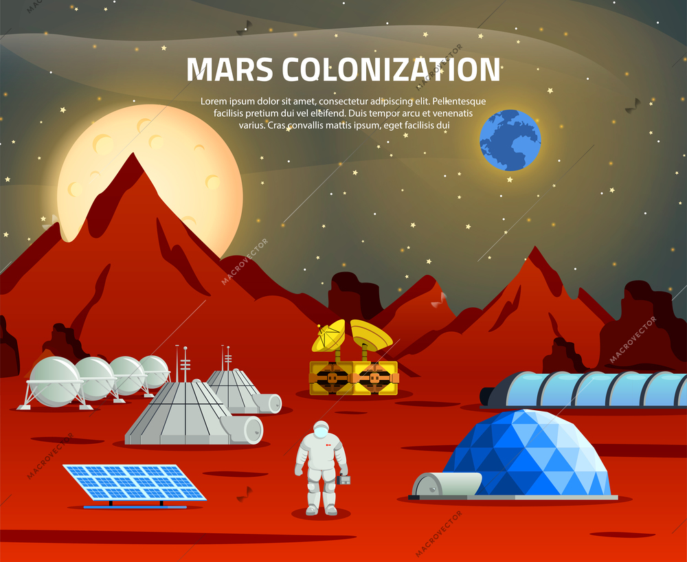 Mars colonization flat composition with spaceman on base station communication center and resource equipment vector illustration