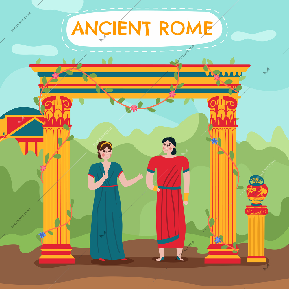 Ancient rome empire composition with outdoor scenery with flat human characters of male and female vector illustration