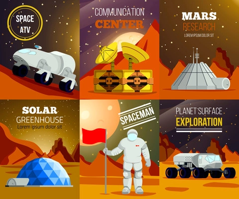 Set of flat cards of planet colonization with spaceman research of mars exploration equipment isolated vector illustration