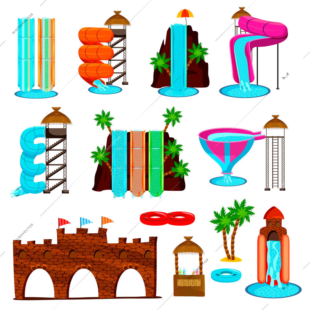 Set of flat icons with colorful water slides and entertaining construction of aqua park isolated vector illustration