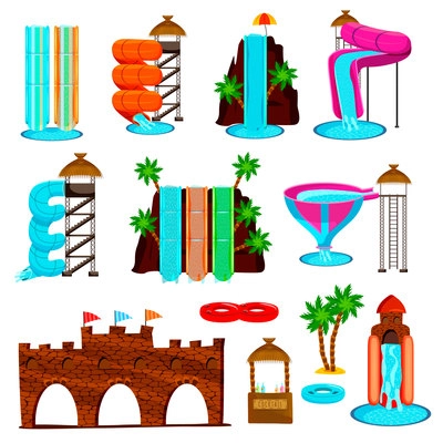 Set of flat icons with colorful water slides and entertaining construction of aqua park isolated vector illustration