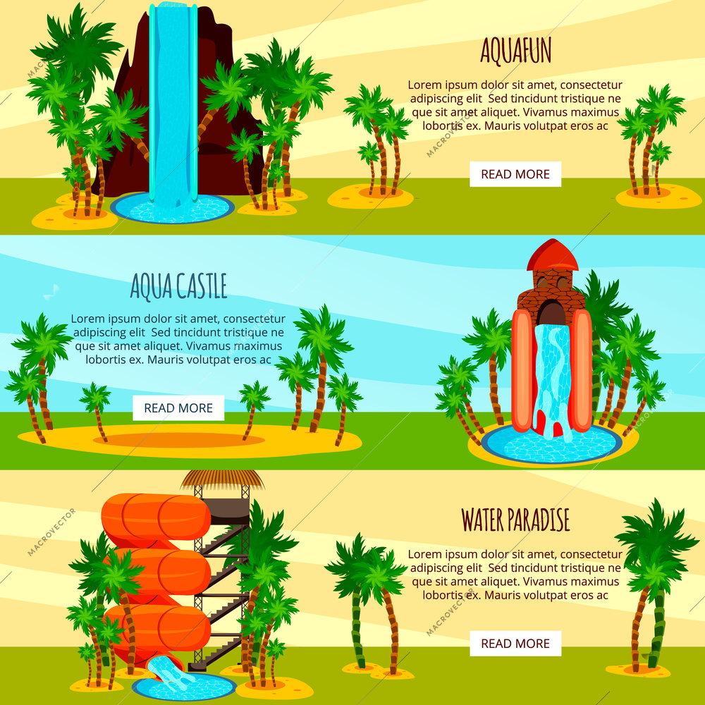 Set of flat horizontal banners entertaining water slides of aqua park isolated on colorful background vector illustration