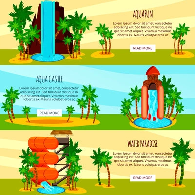 Set of flat horizontal banners entertaining water slides of aqua park isolated on colorful background vector illustration