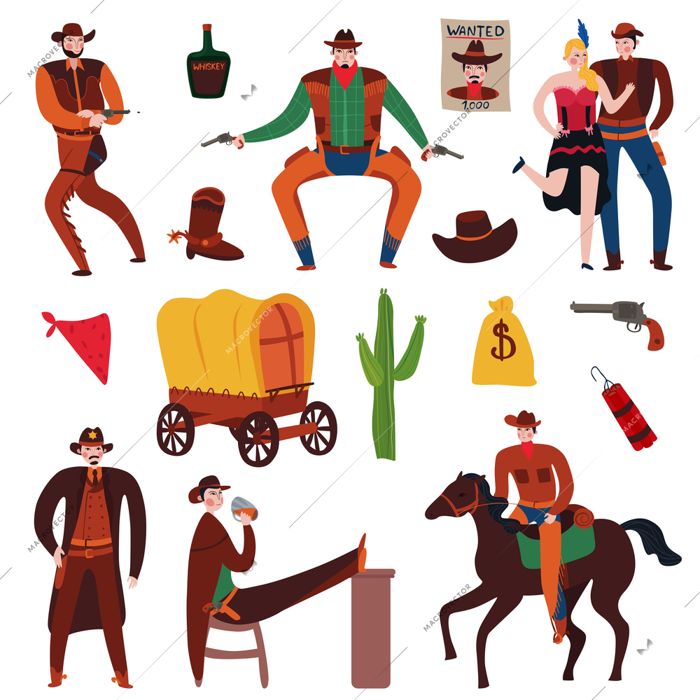 Wild west cowboy set of isolated flat icons with vintage stuff and accessories with human characters vector illustration