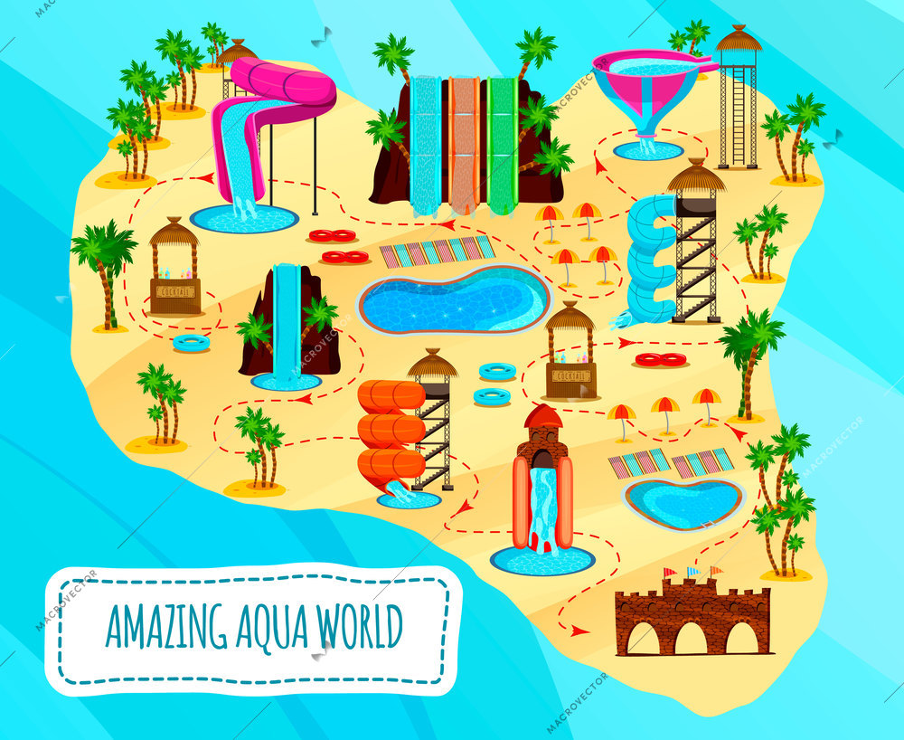 Aqua park flat scheme of entertaining objects stalls with cocktails and pools on blue background vector illustration