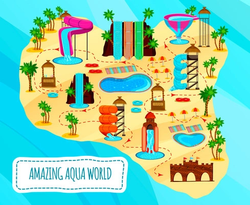 Aqua park flat scheme of entertaining objects stalls with cocktails and pools on blue background vector illustration