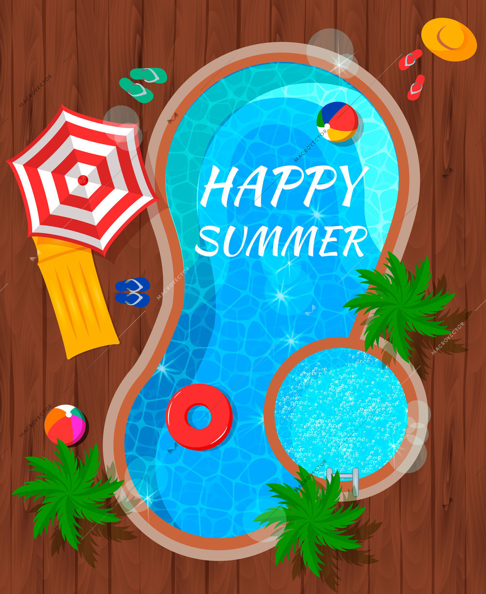 Summer pool with beach accessories and palm trees top view flat composition on wooden background vector illustration