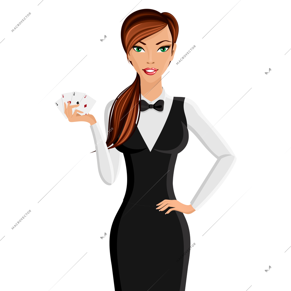 Attractive young woman casino dealer with cards portrait isolated on white background vector illustration