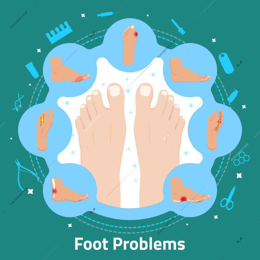 Foot problems and pedicure tools flat round composition on turquoise background vector illustration