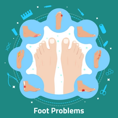 Foot problems and pedicure tools flat round composition on turquoise background vector illustration