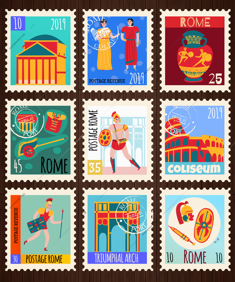 Ancient rome empire cards set of postage stamps with flat compositions of sightseeing attractions and people vector illustration