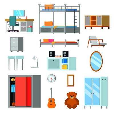Teen room constructor flat icons with furniture desk with monitor and personal accessories isolated vector illustration