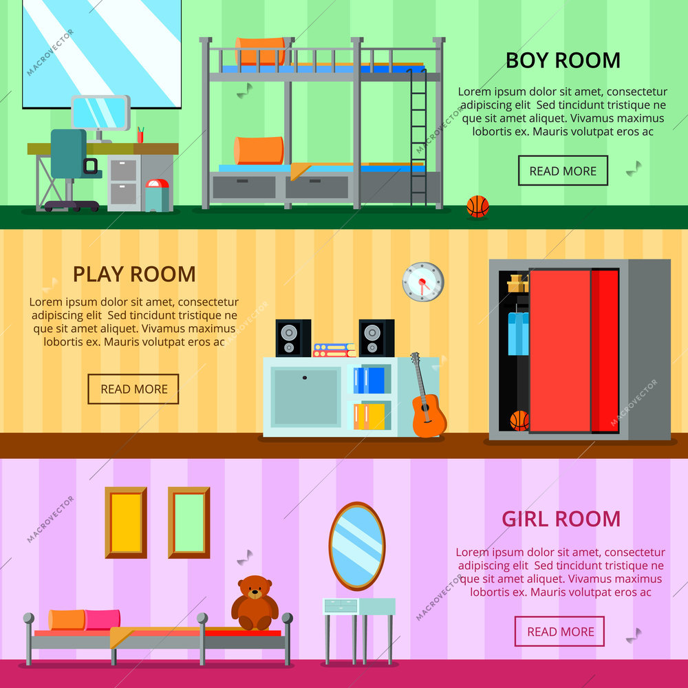 Teen room for girl and for boy playing space set of flat horizontal banners isolated vector illustration