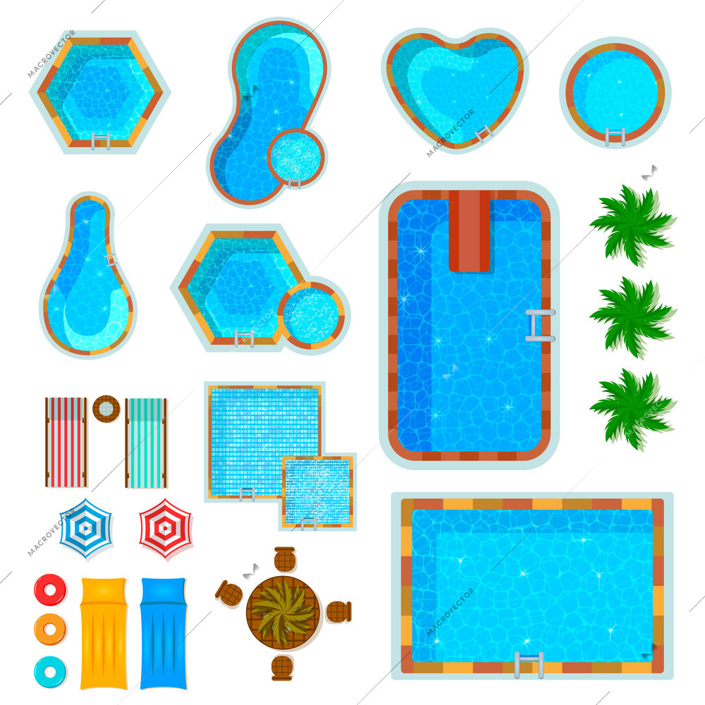 Set of flat icons swimming pools top view with palm trees loungers air mattresses isolated vector illustration