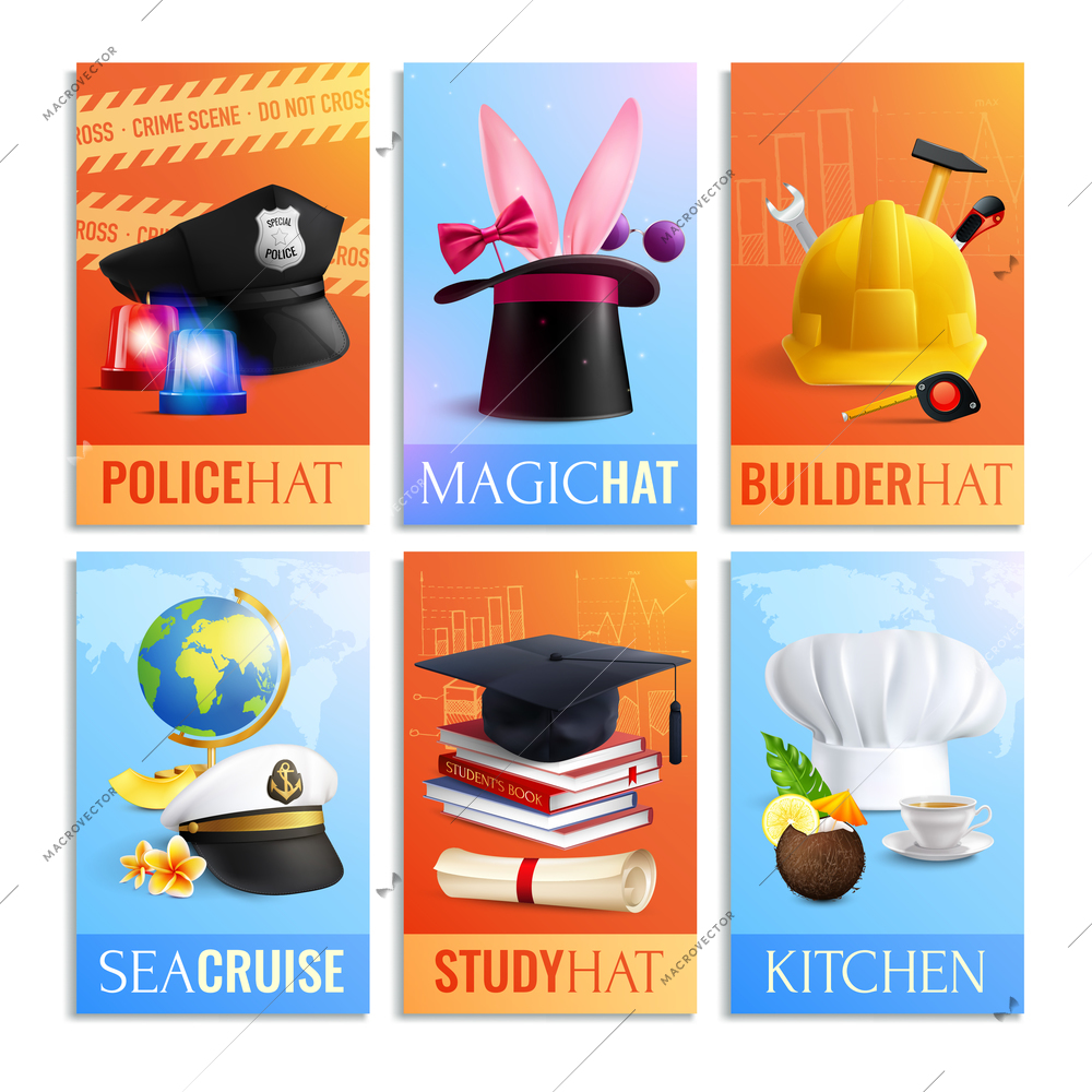 Different professions hats cards set with police and study hats realistic isolated vector illustration