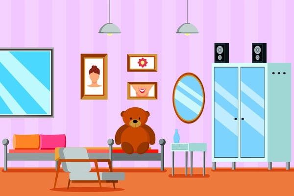 Teen room for girl flat composition with furniture mirror and pictures on lilac wall vector illustration