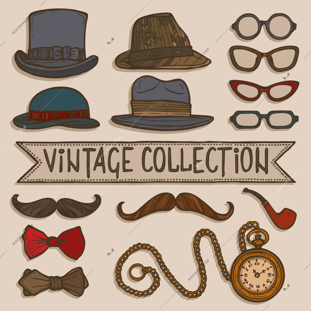 Vintage gentleman set of hats glasses mustaches and tobacco pipe stickers isolated vector illustration