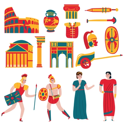 Ancient rome empire set of isolated icons and flat human characters of legionary warriors and people vector illustration