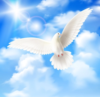 White pigeon background with sky sun and clouds realistic vector illustration