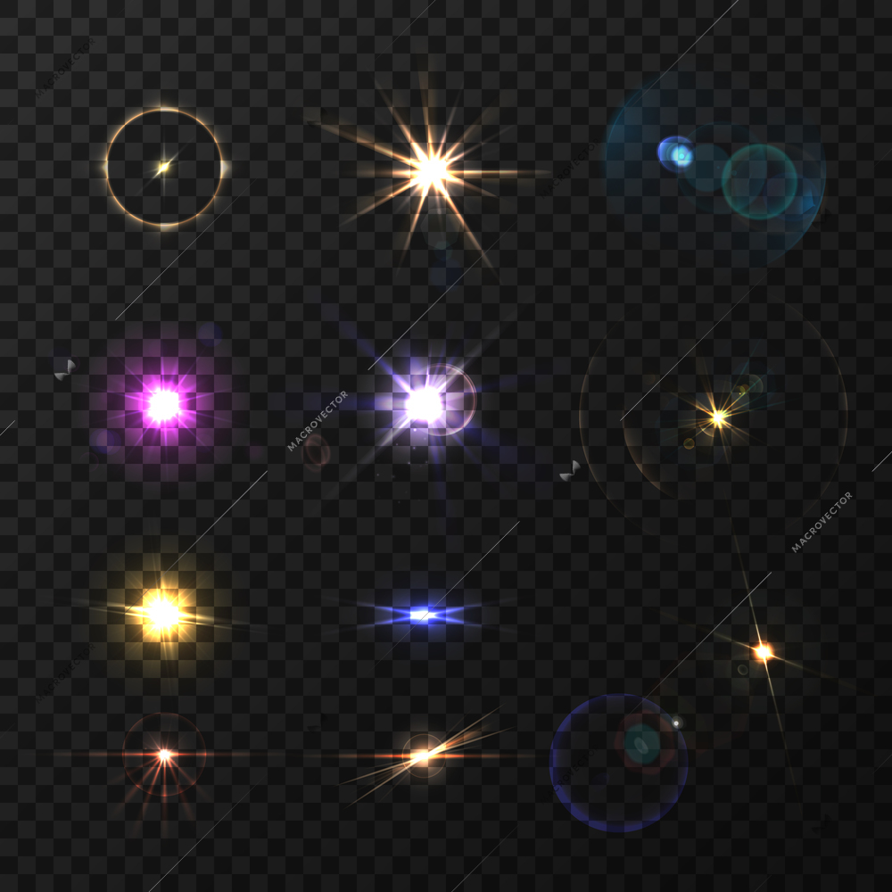 Lens flares and twinkle realistic colored set isolated vector illustration